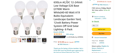 12V LED Light Bulb 7W 630Lm AC/DC 12-24Volt Low Voltage E26 Base (2700K  Warm White) 40-60 Watt A19 Bulbs Equivalent- Landscape Garden Yard, 12volt